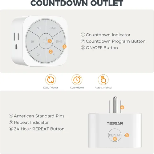 Vista 2 de Paquete de 1 enchufe temporizador para interiores, temporizadores de cuenta regresiva para enchufes eléctricos de hasta 6H para luces, plancha