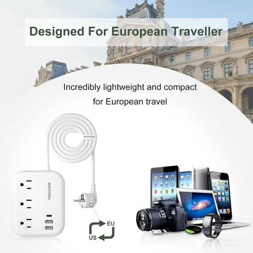 Vista 4 de Adaptador de enchufe de viaje europeo con USB C, adaptador de salida ROOTOMA de EE. UU. a Europa, 3 tomas de corriente, 3 puertos USB, regleta