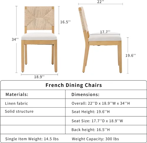 Vista 3 de ODUSE-DAILY Juego de 2 sillas de comedor French Country color beige, sillas de comedor de madera bohemia con respaldo tejido y asiento tapizado