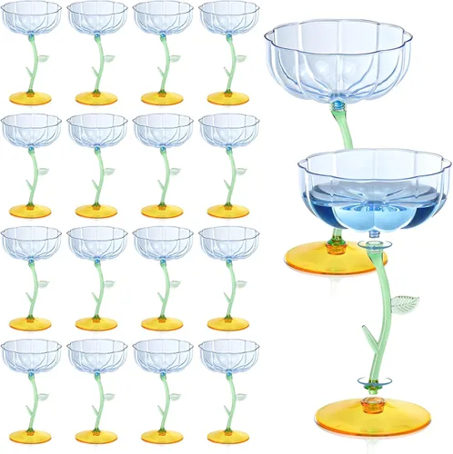 Vista 17 de 12 vasos de plástico azul acanalados cupé desmontables de 7 onzas, copas de cóctel de flores modernas onduladas de plástico, vasos de Martini