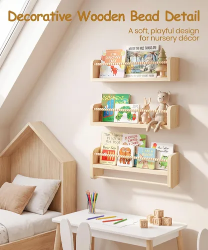 Vista 4 de Juego de 3 estantes para libros de guardería para pared, estantes de madera natural, decoración de pared, pequeño organizador flotante