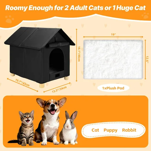 Vista 6 de FHTONGE Casa elevada para gatos al aire libre con alfombrilla lavable, refugio resistente a la intemperie para gatos con 2 salidas, perrera aislada
