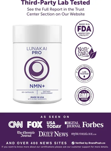 Vista 3 de Lunakai Suplemento NMN fabricado en Estados Unidos de 500 mg - Soporte NAD+ con resveratrol 98%, TMG y pterostilbeno - Mononucleótido