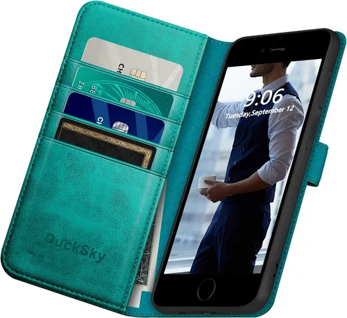 Vista 5 de DuckSky Funda tipo cartera de piel auténtica para iPhone 7 Plus/8 Plus [bloqueo RFID] 【4 tarjeteros de crédito】【Cuero auténtico】 Funda protectora