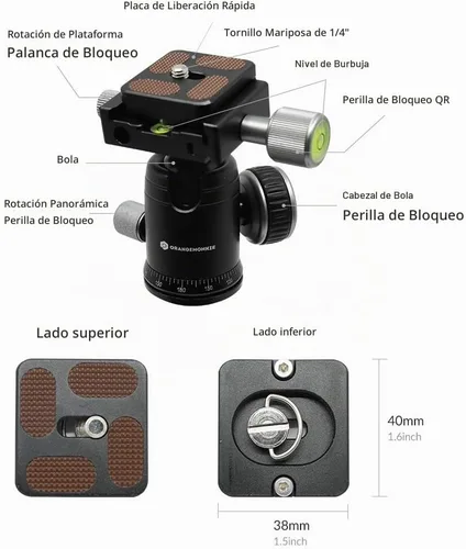 Vista 3 de Trípode de 50 V de perfil bajo para cámara y iPhone, trípode compacto de mesa y viaje con mango de aluminio, compatible con teléfonos inteligentes
