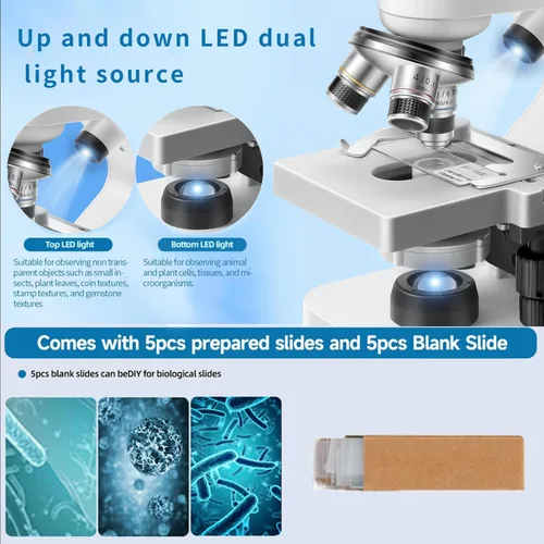 Vista 4 de Microscopio trinocular 40x-2000x Ampliación de doble capa con luces LED en la parte superior e inferior, perillas de enfoque dual gruesas