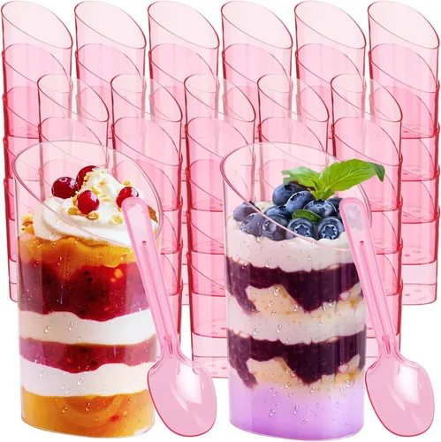 Vista 11 de Paquete de 100 mini tazas de postre con cucharas, pequeñas de plástico transparente de 3 onzas, inclinadas y redondas, vasos desechables tipo