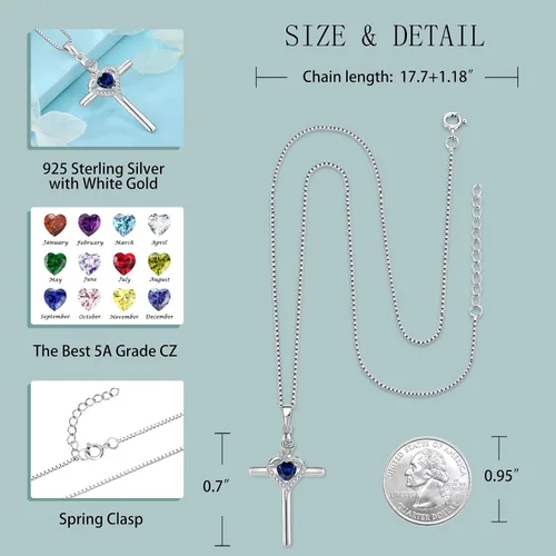 Vista 5 de FJ Collar de cruz infinita para mujer, colgante de corazón de flor de rosa plateada con piedra natal creada