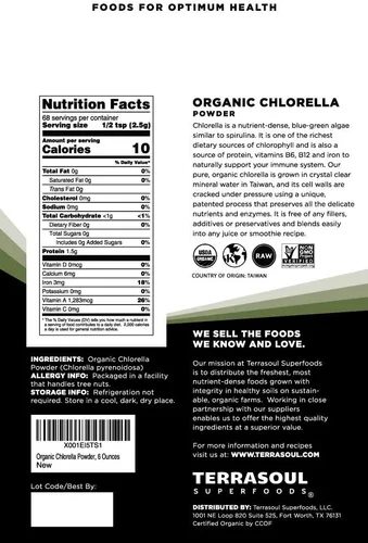 Vista 2 de Terrasoul Superfoods Clorella orgánica en polvo (paredes de células agrietadas), 6 onzas, procedente de Taiwán