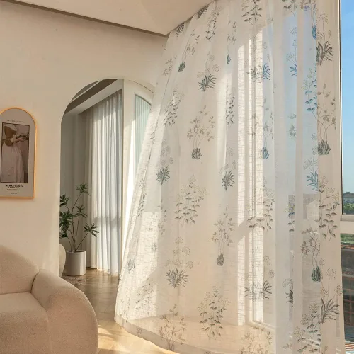 Vista 20 de SUOUO Cortinas blancas semitransparentes con hojas azules para dormitorio, comedor, sala de estar, lino texturizado de 84 pulgadas de largo