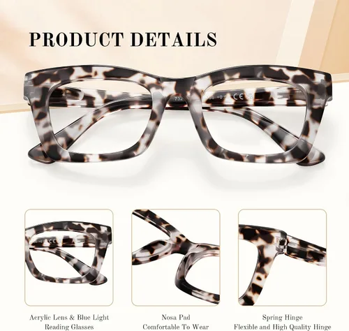 Vista 3 de Reading Glasses for Women - Stylish Blue Light Blocking Glasses Square Readers with Spring Hinge