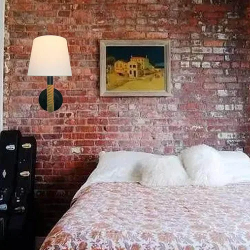Vista 4 de Vintage Wall Light Hemp Rope Bedside Sconce Rustic Industrial Headboard Lamp, Farmhouse Wall Mount Lighting Fixture with Flared White Textile Lamp