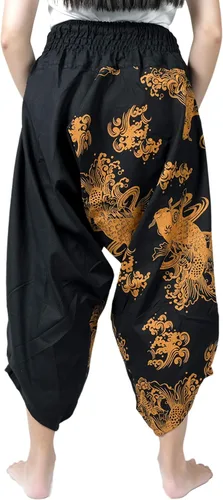 Vista 8 de Kurop Saruel - Pantalones con patrón de carpa japonés, pantalones anchos tailandeses, pantalones Aladdin, ropa de baile, yoga, gaucho para hombre