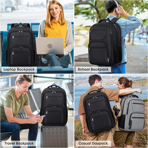 Vista 7 de Mochila de viaje para laptop de 17 pulgadas, extra grande, con orificio de carga USB, 45L, antirrobo, resistente al agua, bolsa para computadora