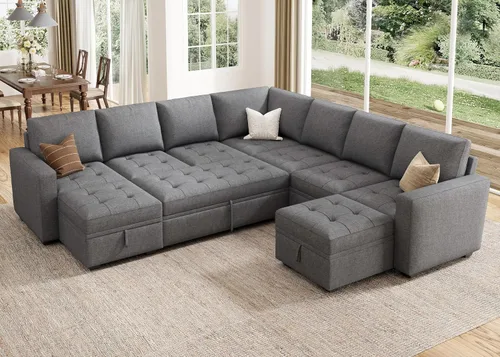 Vista 10 de HONBAY Sofá cama modular modular con cama extraíble, sofá en forma de L con asiento de almacenamiento, sofás seccionales para sala de estar, beige