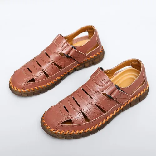 Vista 5 de Sandalias de cuero para hombre con puntera cerrada, zapatos de pescador de playa, sandalias deportivas de verano al aire libre