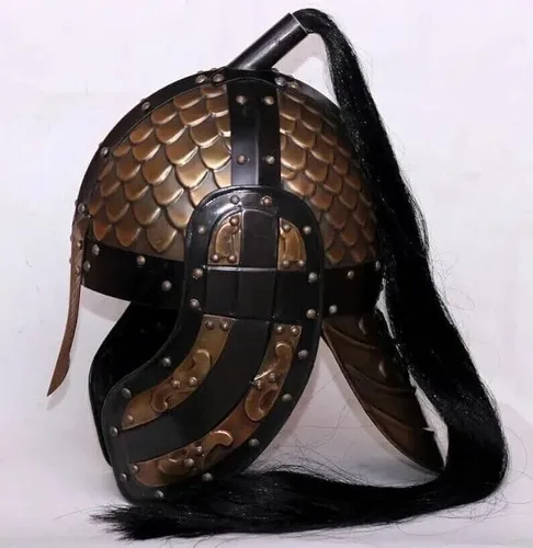Vista 3 de Medieval Embossed Helmet with Black Plume Historic Knight Armor Replica.