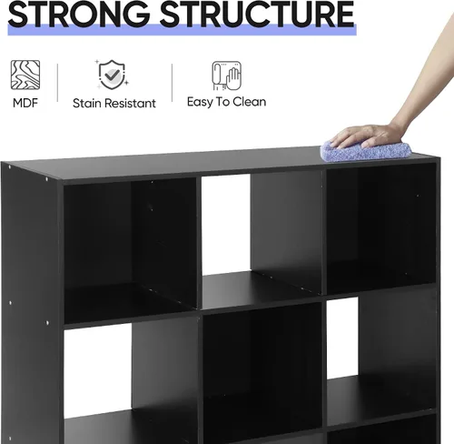 Vista 8 de Organizador de estantes de almacenamiento de 9 cubos, unidad de organización de estantería de madera, estantes de cubo para el hogar, oficina, Negro
