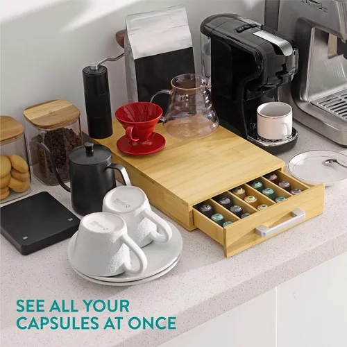 Vista 2 de Navaris Almacenamiento de cápsulas de café de bambú – Cápsulas de café y bandeja para té – Ahorro de espacio debajo de la cafetera – Cajón