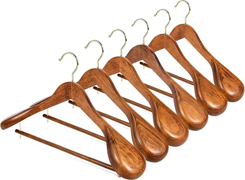 Vista 11 de Amber Home Paquete de 6 Perchas de Traje de Madera de Bambú Natural de Hombros Anchos, Perchas de Ropa de Bambú con Barra para Pantalones, Perchas
