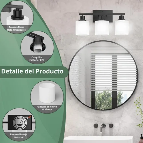 Vista 2 de Luces de baño negras sobre espejo, lámpara de tocador antioxidante para baño, lámpara de pared moderna de 3 luces para sala de estar, base E26