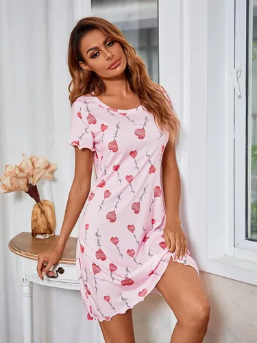 Vista 2 de Camisón de manga corta para mujer, con cuello redondo, con volantes, cómodo camisón