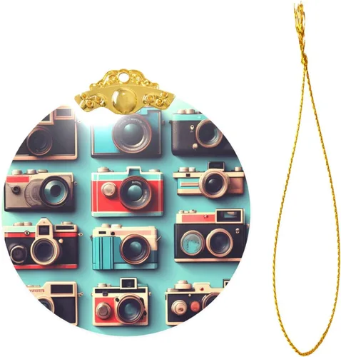 Vista 2 de Retro Cool Camera Collection Print Xmas Tree Hanging Decor, Metal Clasp Holiday Stained Glass Celebrations Decor,Gift Present