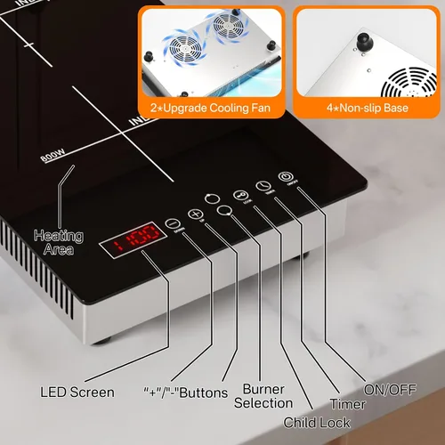 Vista 7 de Placa de inducción de 2 quemadores incorporada/encimera, 110 V ~ 120 V 1900 W doble inducción para caravana, camping con enchufe, temporizador