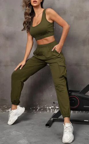 Vista 5 de FUPHINE Women's Two Piece Outfit Sleeveless Crop Tops with Cargo Pants Active Tracksuit Lounge Wear
