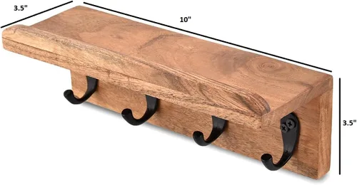 Vista 2 de NIRMAN Soporte rústico de madera de acacia para llaves para pared, estante de pared de granja con 4 ganchos para entrada, cocina de granja