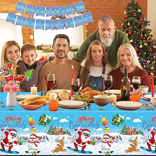 Vista 7 de 3 piezas de mantel de Navidad - Mantel de plástico de Papá Noel genial para Navidad, mantel rectangular desechable azul y blanco para decoración