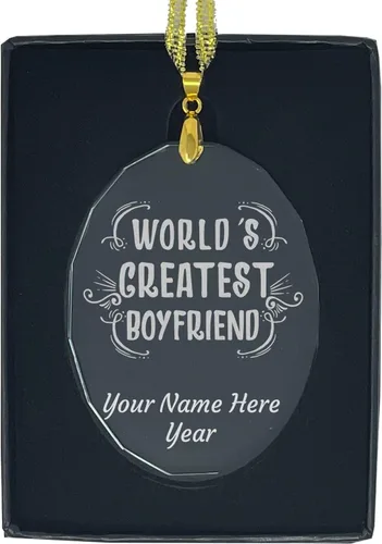 Vista 8 de LaserGram Adorno de Navidad de vidrio personalizado, el mejor novio del mundo, idea de regalo grabada con láser personalizada (forma de diamante)