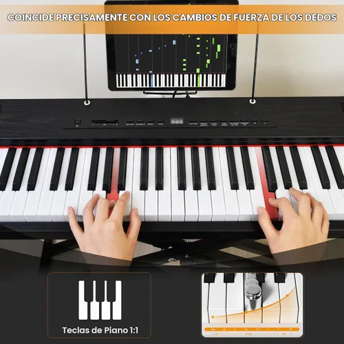Vista 2 de Piano digital de 88 teclas con teclado semiponderado, teclado de piano de 88 teclas para principiantes con teclas iluminadas, piano eléctrico Negro