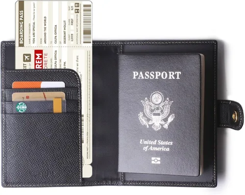 Vista 2 de Portapasaportes de cuero auténtico para pasaporte, con bloqueo Rfid - con compartimento para documentos de identificación