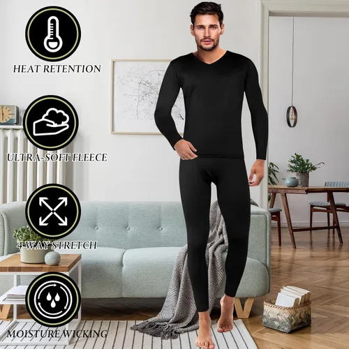 Vista 4 de Patelai Juego de 3 ropa interior térmica para hombre, capa base cálida de invierno, cuello en V, forro polar térmico para clima frío