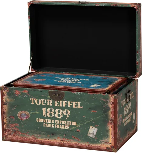 Vista 3 de Baxton Studio Sabeen Vintage Parisian - Juego de baúl de almacenamiento de 2 piezas de cuero sintético y madera