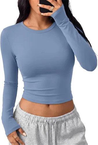 Vista 12 de Trendy Queen Camisetas cortas de manga larga para mujer, camisetas básicas Blanco