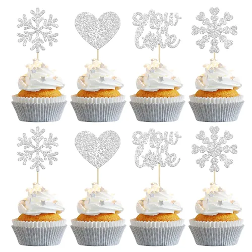 Vista 16 de Gyufise 24 piezas de copos de nieve Oh Baby Cupcake Toppers Glitter Winter Frozen Baby Shower Cupcake Picks para invierno, país de las maravillas