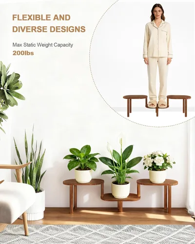 Vista 5 de Estante de plantas cóncavo de interior, soporte de plantas ovalado deformable de 3 niveles, soporte largo para macetas para múltiples plantas