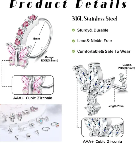 Vista 2 de Sanfenly 16 anillos de nariz colgantes de 20 G, en forma de L, para mujeres y hombres, de acero inoxidable colgante, corazón, mariposa, luna