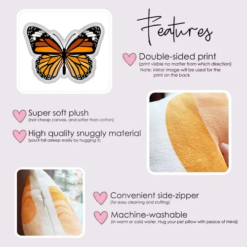 Vista 3 de Almohada de mariposa monarca, relleno de almohada suave con forma de decoración para dormitorio, sala de estar, habitación de niños, sofá, oficina