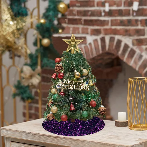 Vista 4 de Faldas de árbol moradas de Navidad de 21 pulgadas, faldas de árbol de lentejuelas con purpurina, decoración de tela de terciopelo, falda de árbol