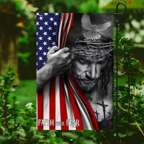 Vista 6 de FLAGWIX Bandera de Estados Unidos Christian Patriot – Bandera de Faith Over Fear God Jesus – Bandera de jardín de 12 x 18 pulgadas, decoración del 4