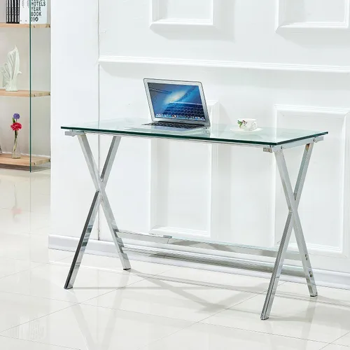 Vista 5 de Escritorio para computadora de vidrio templado, escritorio de estudio moderno para estudiantes, escritorio de computadora pequeño, escritorio