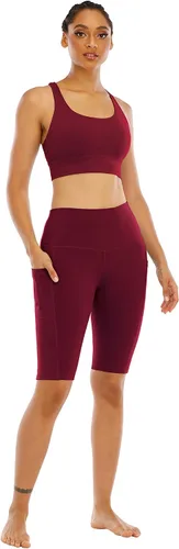 Vista 5 de WHOUARE Paquete de 4 pantalones cortos de yoga con bolsillos para mujer, cintura alta, atléticos, correr, entrenamiento, gimnasio, control de abdomen