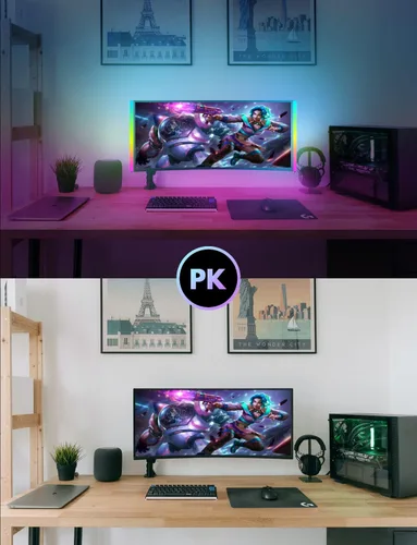 Vista 6 de JUSJUBR 2 piezas de luz RGB debajo del monitor, luz de juego con 353 modos de color, luz de escritorio LED con control remoto para configuración