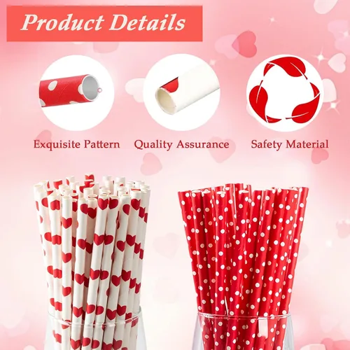 Vista 3 de 200 popotes de papel de corazón rojo, pajitas desechables para boda, fiesta de cumpleaños, suministros decorativos, 4 estilos