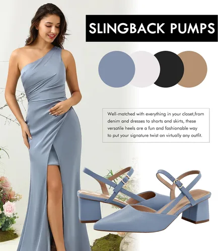 Vista 6 de Coutgo Zapatos de tacón bajo y grueso para mujer, tacón puntiagudo cerrado, para boda, fiesta, vestido