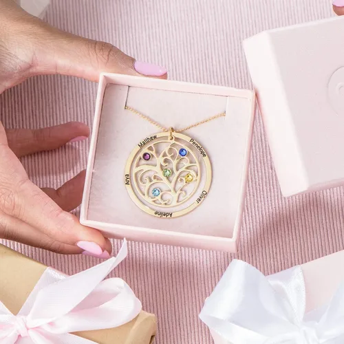 Vista 5 de MYKA - Collar de árbol genealógico personalizado con nombres grabados y piedras natales para mujer, mamá, ella, abuela, regalo de joyería