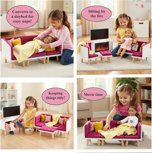 Vista 3 de Emily Rose Juego de muebles de sala de estar de muñeca de 18 pulgadas, sofá modular convertible de madera de 19 piezas con TV, chimenea, cojines